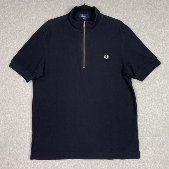 Fred Perry Shirt Mens L Black Funnel Neck Pique Polo 1/2 Zip Short Sleeve - Picture 1 of 6